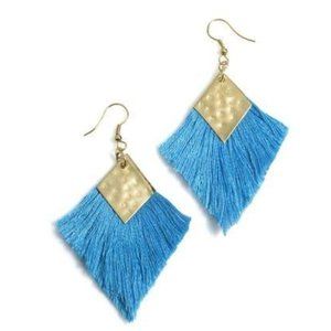 Shiraleah Teal Selma Earrings Gold Tone Hammered Brass Tassel Bohemian Statement